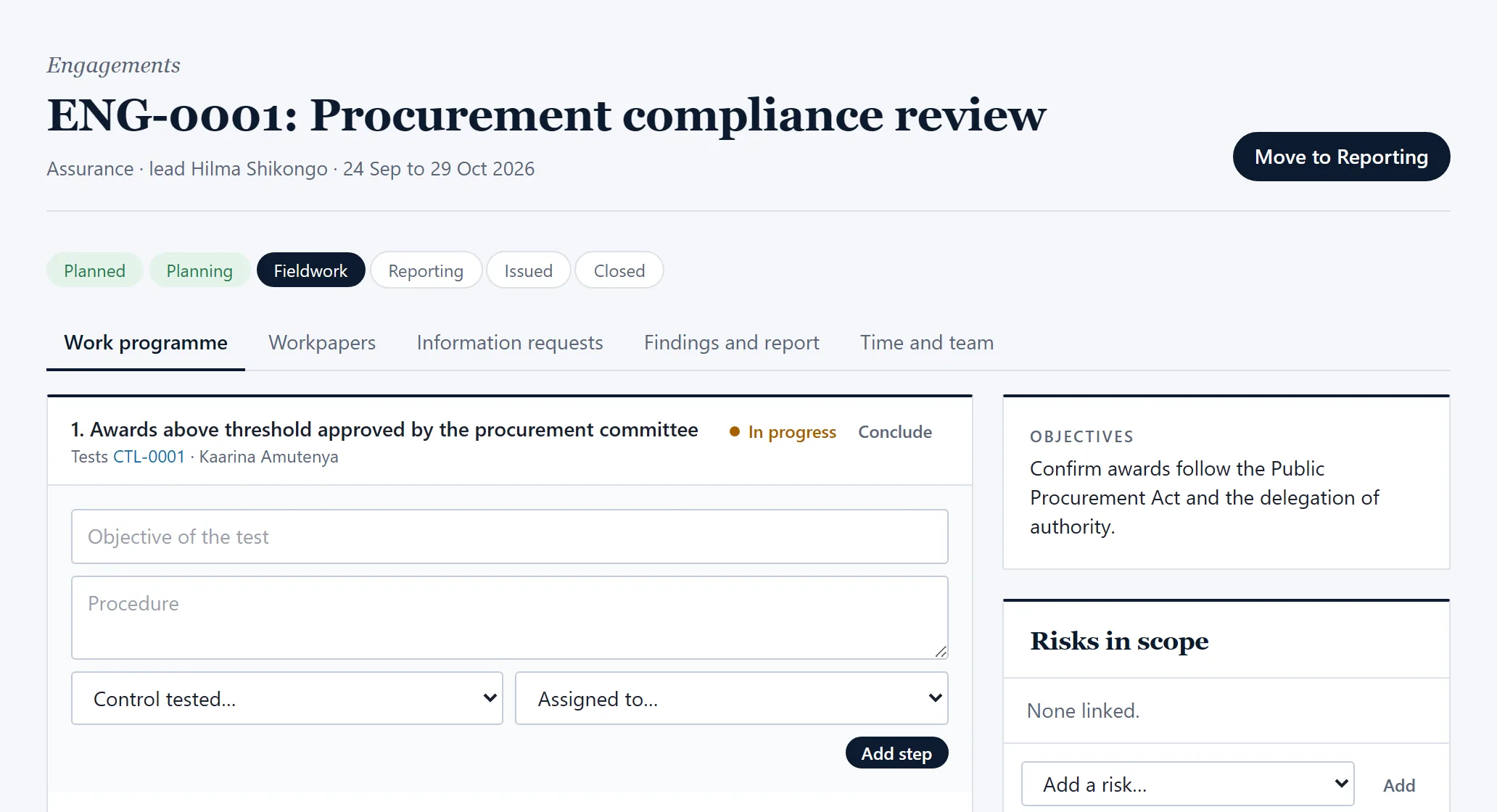 An audit engagement with its stage, work programme and objectives