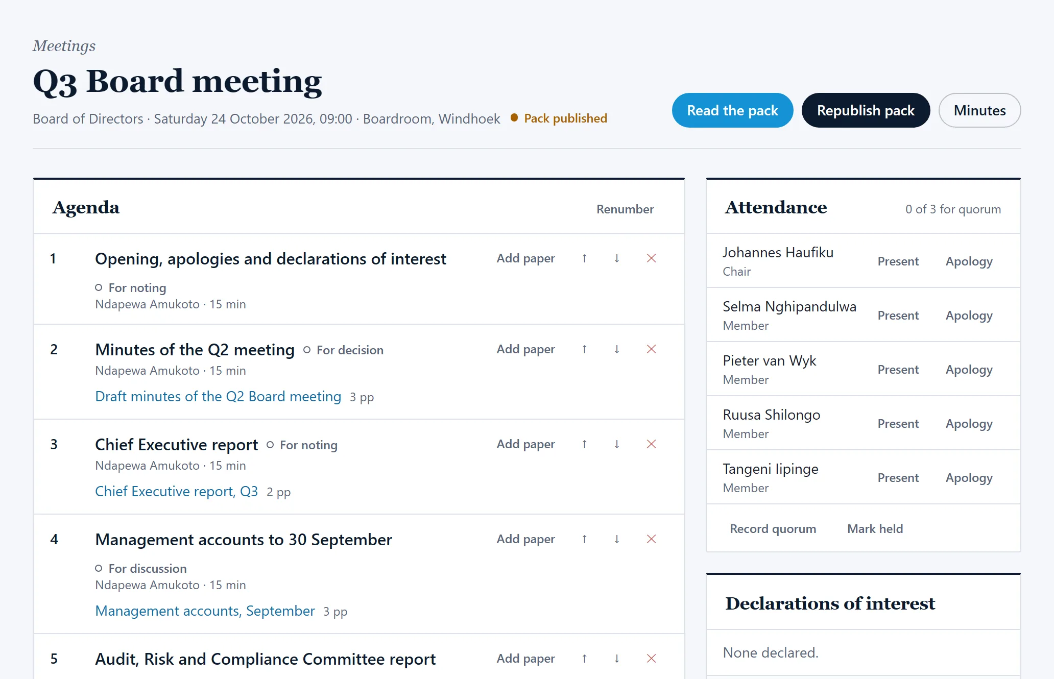 The meeting screen: agenda with papers, attendance and declarations of interest