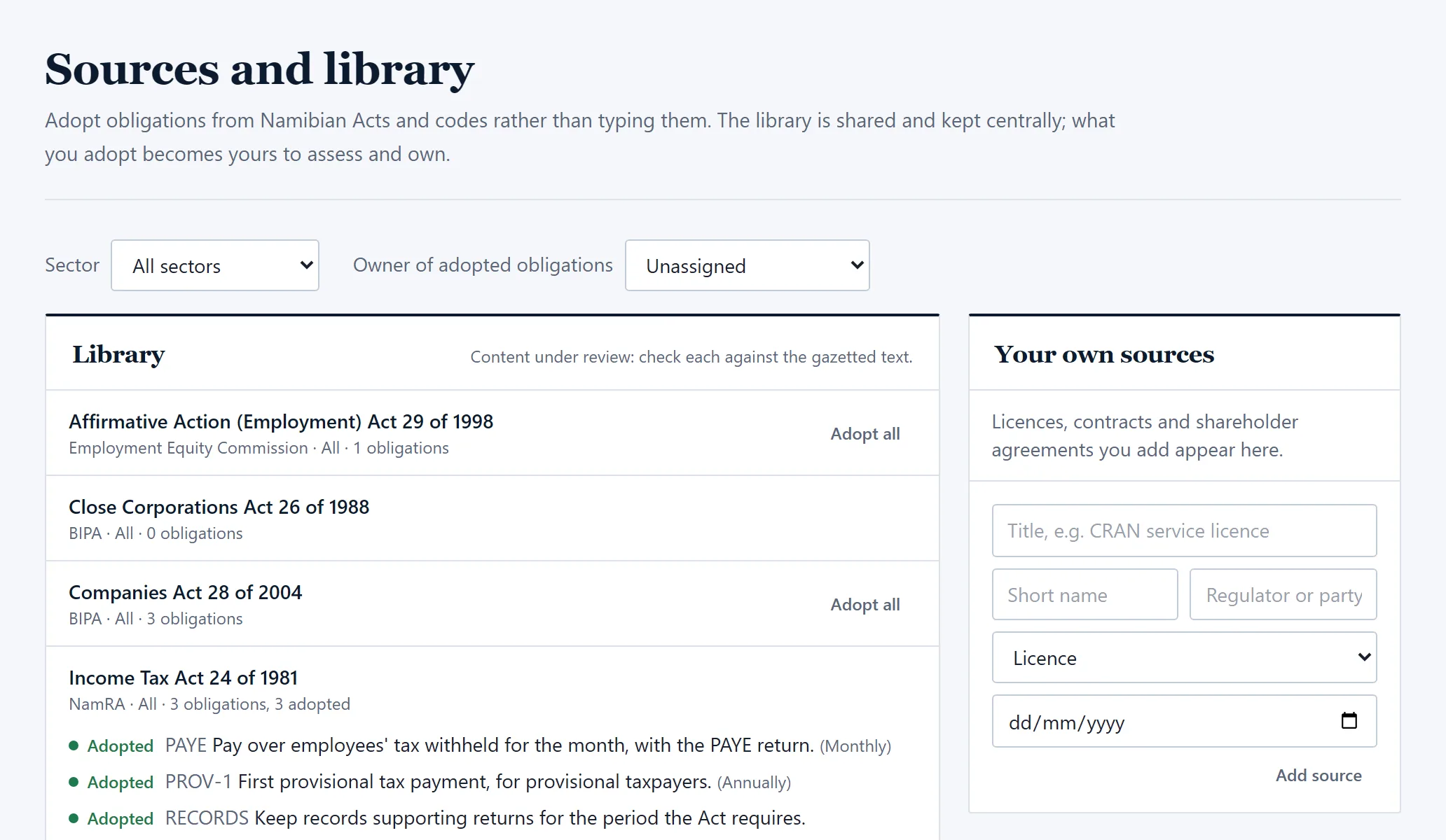 The obligations library grouped by Act, ready to adopt